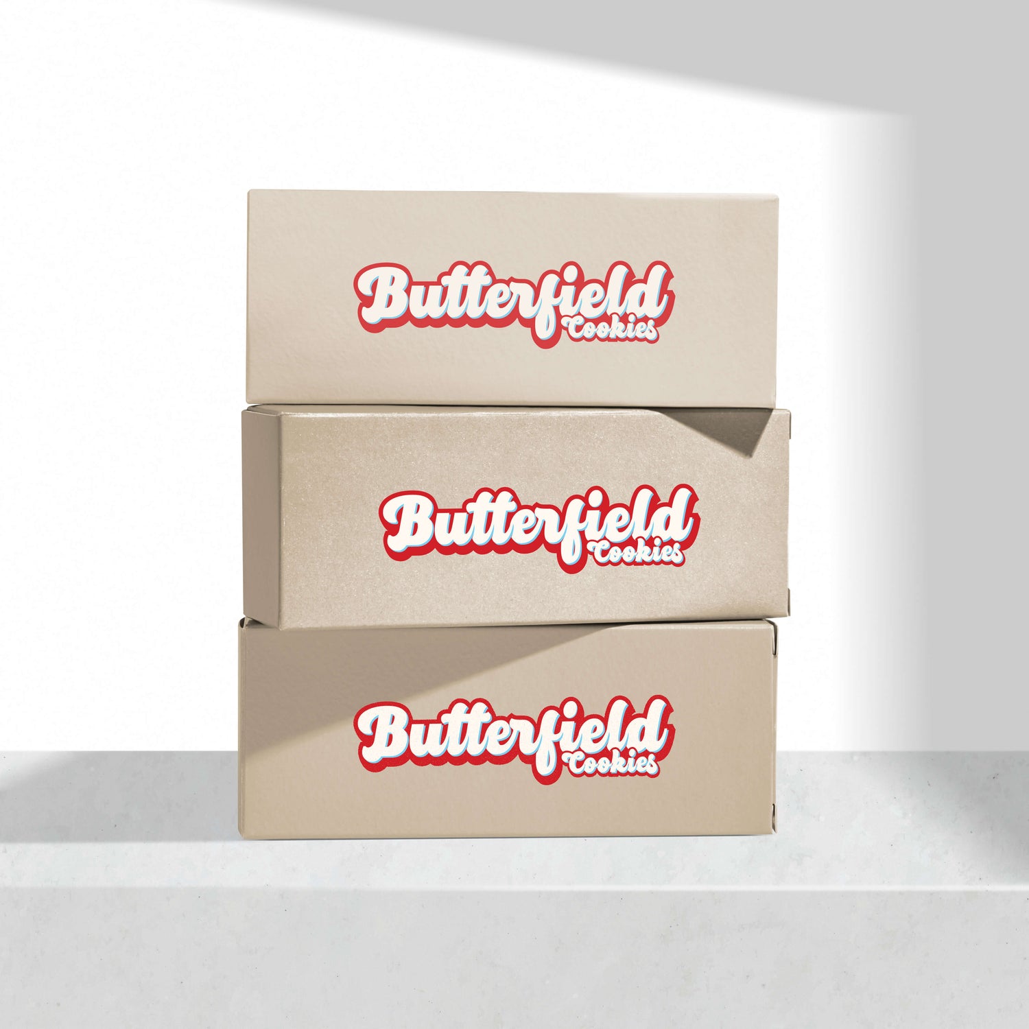 Butterfield Cookies' retro-style packaging featuring an assortment of chunky cookies in colorful wrapping.
